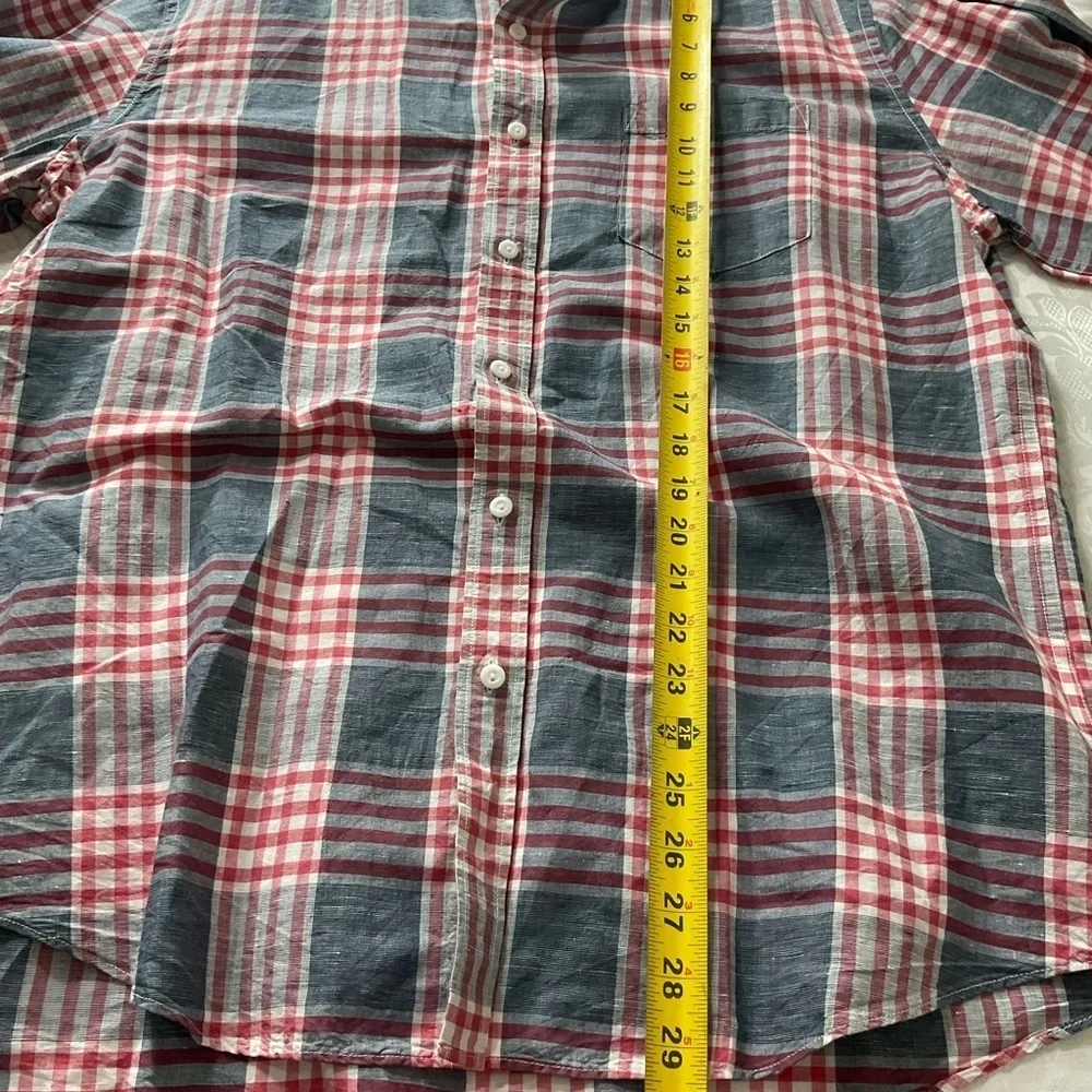 J. Crew linen Red and Blue Plaid Casual Button Down Shirt men size XL